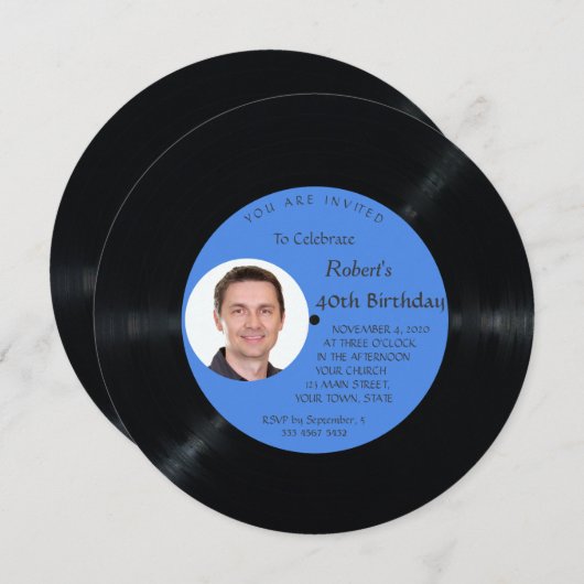 Retro Vinyl Record Foto Man Verjaardag Uitnodigen Kaart (Voorkant / Achterkant)