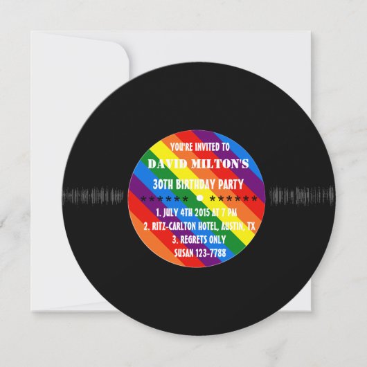 Retro vinyl Record Gay Pride Custom Party nodigt Kaart (Voorkant)