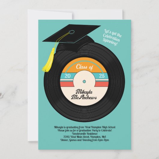 Retro Vinyl Record Graduation Party Invitation Kaart (Voorkant)