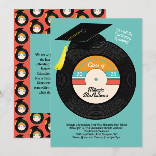Retro Vinyl Record Graduation Party Invitation Kaart (Voorkant / Achterkant)