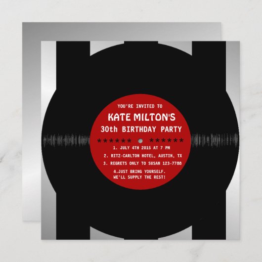 Retro Vinyl Record l Modern Birthday Party nodigt  Kaart (Voorkant / Achterkant)