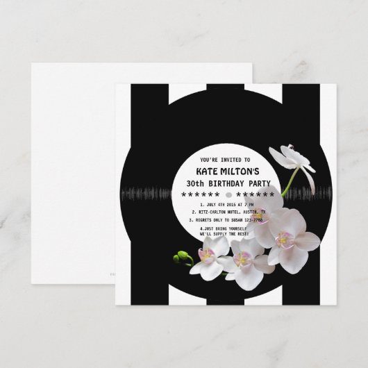 Retro Vinyl Record Modern Orchids Birthday Invites Kaart (Voorkant / Achterkant)