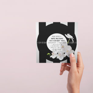 Retro Vinyl Record Modern Orchids Birthday Invites Kaart