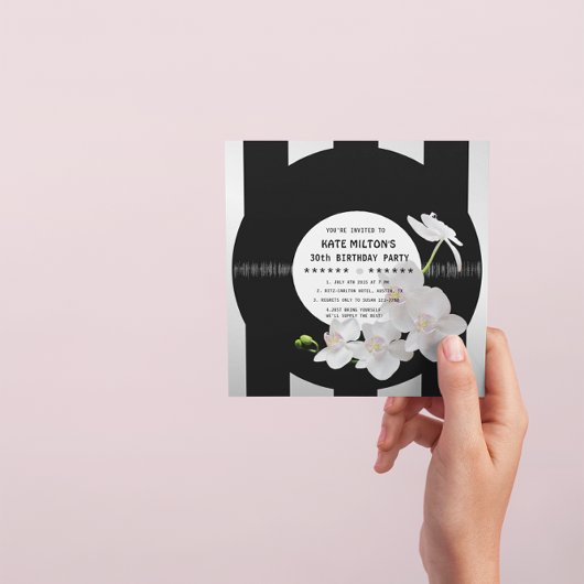 Retro Vinyl Record Modern Orchids Birthday Invites Kaart
