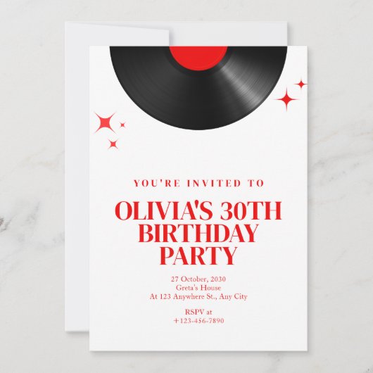 Retro Vinyl Record Muziek Verjaardag Bash in Rood Kaart (Voorkant)