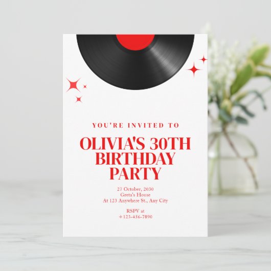 Retro Vinyl Record Muziek Verjaardag Bash in Rood Kaart (Staand voorkant)