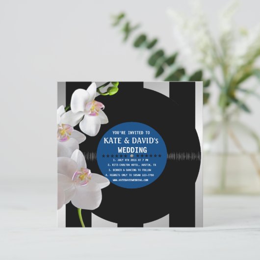 Retro Vinyl Record Orchids Modern Wedding Invites Kaart (Staand voorkant)