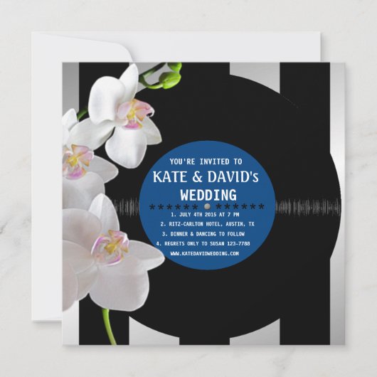 Retro Vinyl Record Orchids Modern Wedding Invites Kaart (Voorkant)
