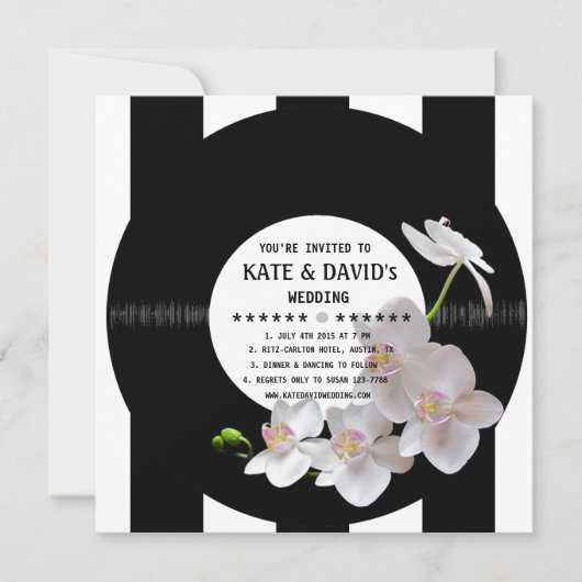 Retro Vinyl Record Orchids Modern Wedding Invites Kaart (Voorkant)