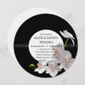 Retro Vinyl Record Orchids Modern Wedding Invites Kaart (Voorkant / Achterkant)