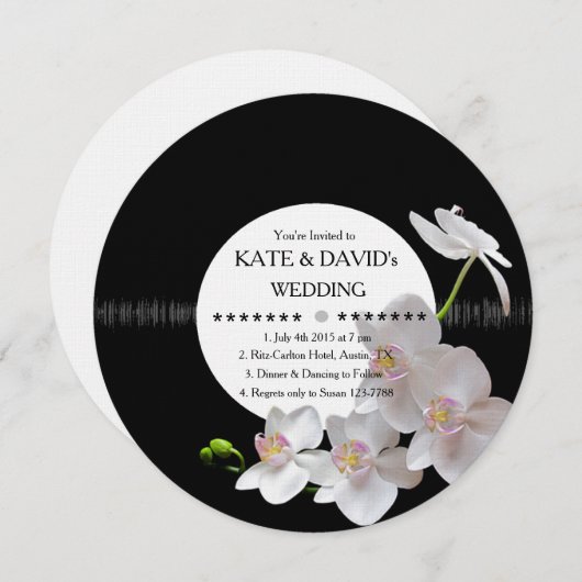 Retro Vinyl Record Orchids Modern Wedding Invites Kaart (Voorkant / Achterkant)
