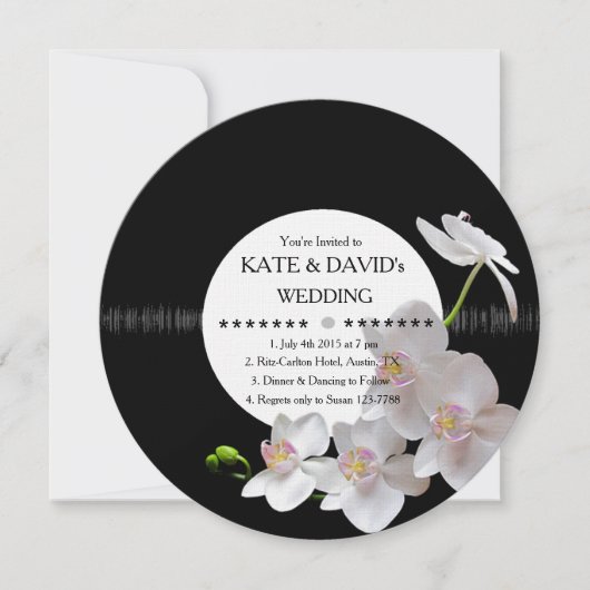 Retro Vinyl Record Orchids Modern Wedding Invites Kaart (Voorkant)