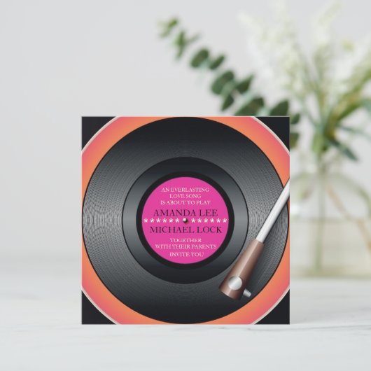 Retro Vinyl Record Player/Modern Wedding Invites Kaart (Staand voorkant)