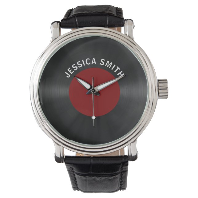  Retro Vinyl Record (rood) gepersonaliseerd Horloge (Voorkant)
