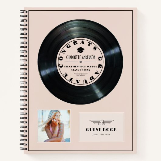 Retro Vinyl Record Roze Afstuderen Gastboek Notitieboek (Voorkant)