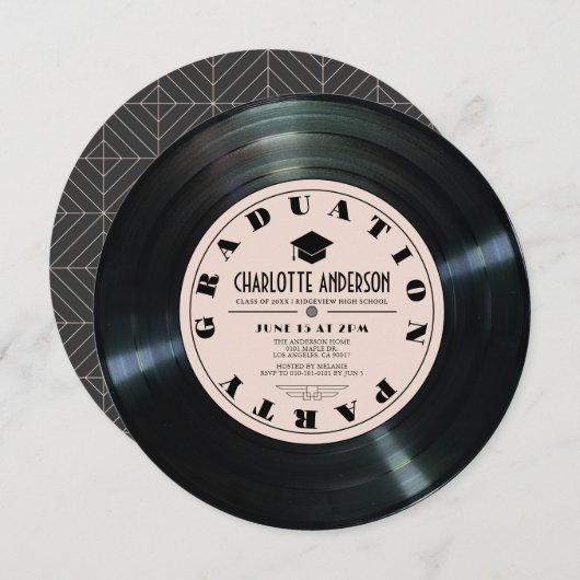 Retro Vinyl Record Roze Afstuderen Kaart (Voorkant / Achterkant)