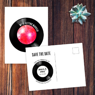 Retro Vinyl Record Roze Disco Ball Bewaar de datum Briefkaart
