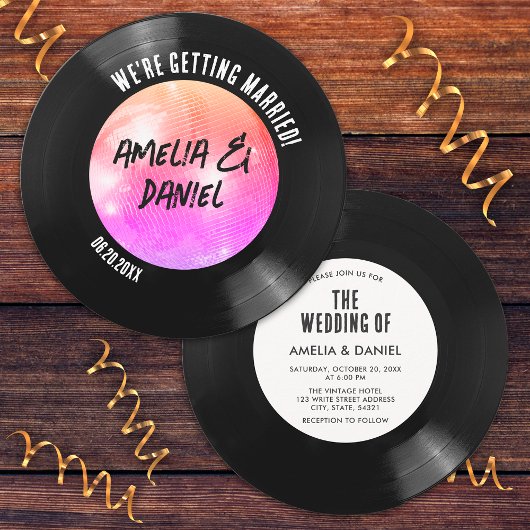 Retro Vinyl Record Roze Sinaasappel Disco Ball Bru Kaart