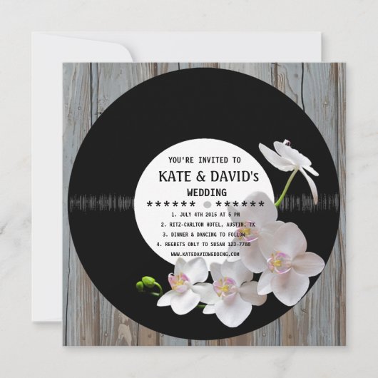Retro Vinyl Record Rustic Country Wedding Invites Kaart (Voorkant)