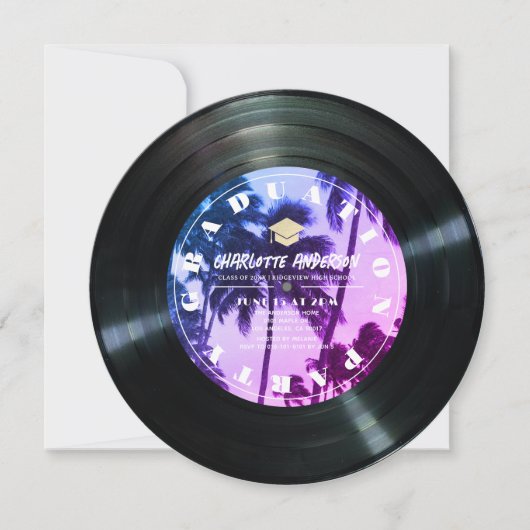 Retro Vinyl Record Tropical Palm Tree Afstuderen Kaart (Voorkant)