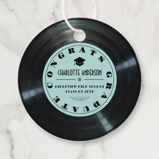 Retro Vinyl Record Turquoise Afstuderen Bedankjes Labels (Voorkant)
