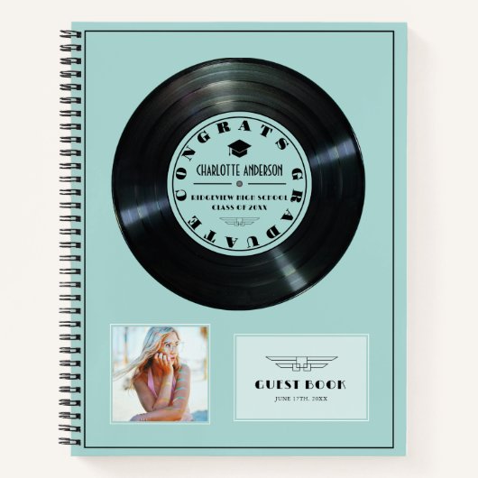 Retro Vinyl Record Turquoise Afstuderen Gastboek Notitieboek (Voorkant)