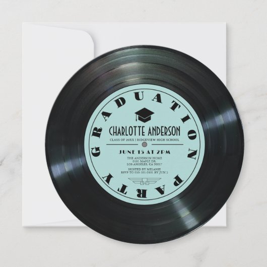 Retro Vinyl Record Turquoise Afstuderen Kaart (Voorkant)