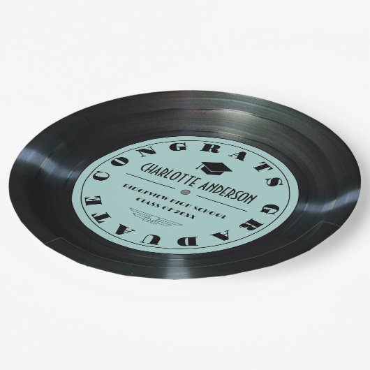 Retro Vinyl Record Turquoise Afstuderen Papieren Bordje (Gekanteld)