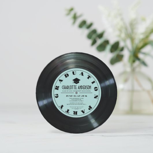 Retro Vinyl Record Turquoise Foto Afstuderen Kaart (Staand voorkant)