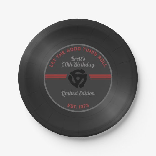 Retro Vinyl Record Verjaardagsfeestje Papier Borde Papieren Bordje (Voorkant)