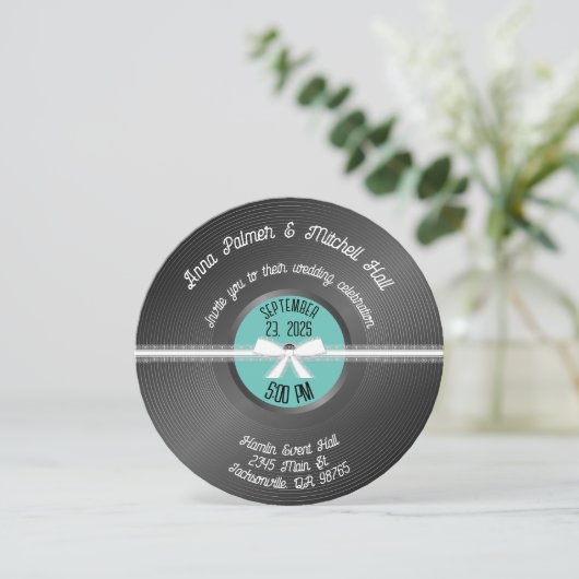 Retro Vinyl Record Weduwuitnodiging Kaart (Staand voorkant)