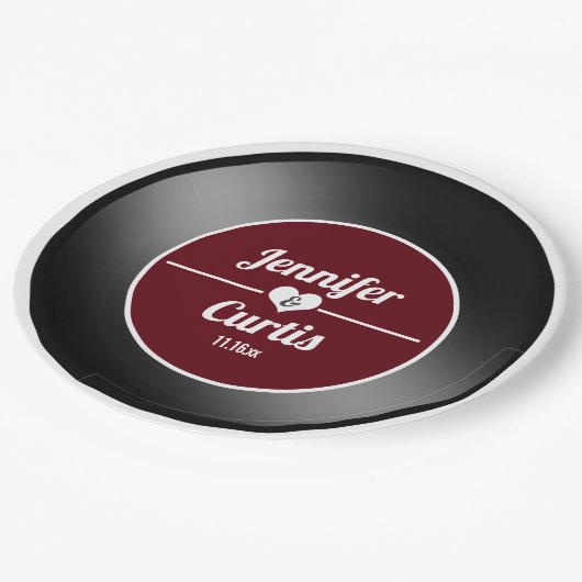 Retro Vinyl Record Wijn Rood Weddenschap Papieren Bordje (Gekanteld)