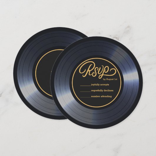 Retro Vinyl Record Zwart Bruiloft RSVP Kaart (Voorkant / Achterkant)