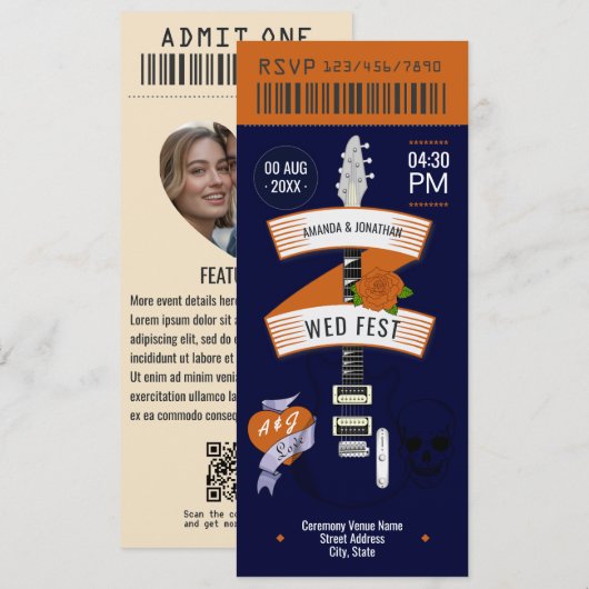 Retro Vinyl Rock ’n’ Roll Wedding Ticket Kaart (Voorkant / Achterkant)