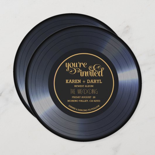 Retro Vinyl Zwart Bruiloft Record Kaart (Voorkant / Achterkant)