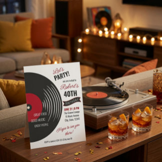Retro vinylplaat 40e verjaardagsuitnodiging kaart