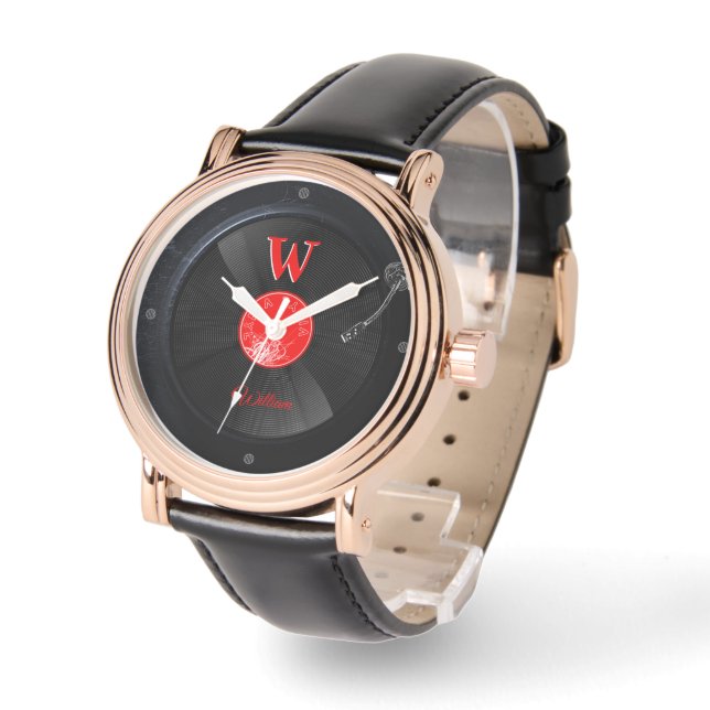 Retro vinylplaat aangepaste monogram horloge (Hoek)
