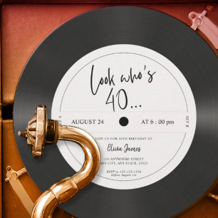 Retro vinylplaat kijk wie 40 is, 40e verjaardag kaart