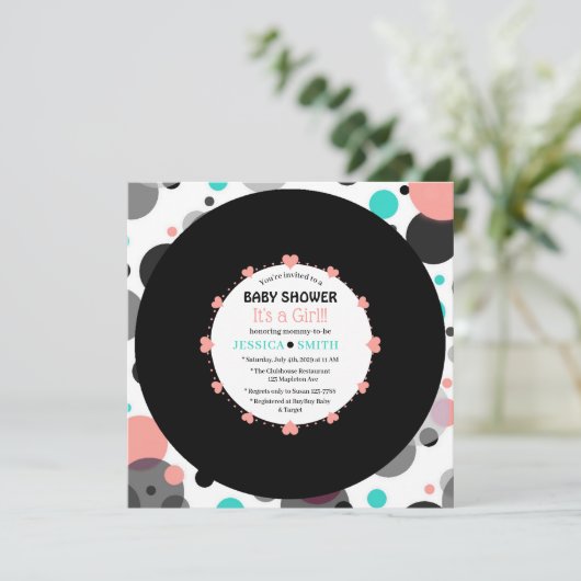Retro vinylplaat l Moderne chic meisje baby shower Kaart (Staand voorkant)