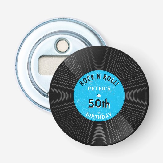 Retro Vinylplaat Rock N Roll Blauwe Verjaardag Button Flesopener (Voorkant)