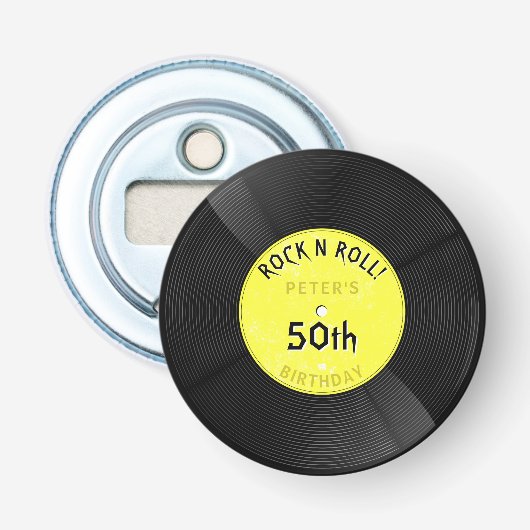 Retro Vinylplaat Rock N Roll Geel Verjaardag Button Flesopener (Voorkant)