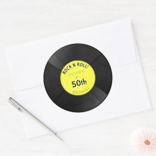 Retro Vinylplaat Rock N Roll Geel Verjaardag Ronde Sticker