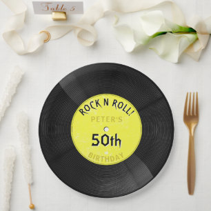 Retro Vinylplaat Rock N Roll Gele Verjaardag Papieren Bordje