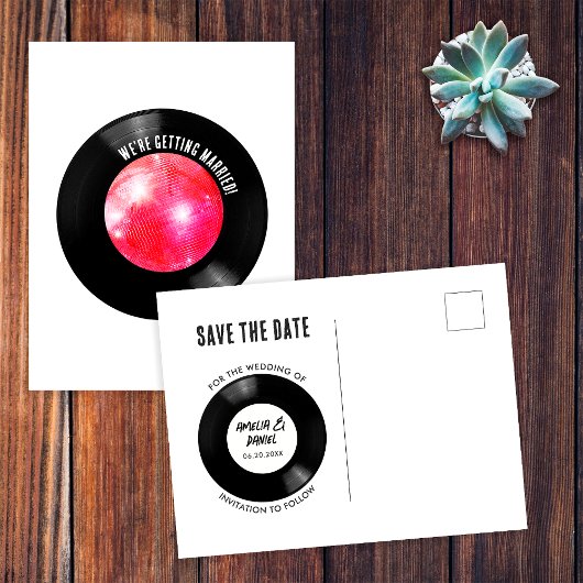 Retro Vinylplaat Roze Disco Bal Sla de Datum Op Briefkaart