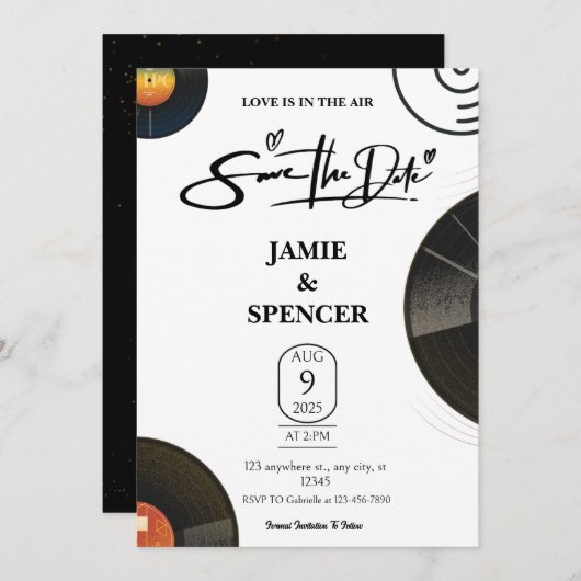 Retro vinylplaat Save The Date Kaart (Voorkant / Achterkant)