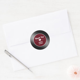 Retro vinylplaat wijnrode trouw bedankt ronde sticker