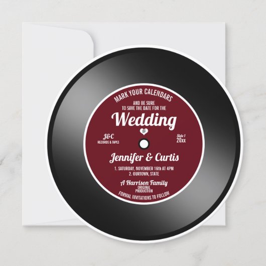 Retro vinylplaat wijnrode trouwdatum Save the Date Kaart (Voorkant)