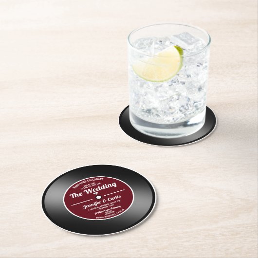 Retro Vinylplaat Wijnrood Trouwen Save the Date Ronde Kartonnen Onderzetter (Insitu)