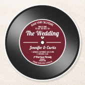 Retro Vinylplaat Wijnrood Trouwen Save the Date Ronde Kartonnen Onderzetter (Voorkant)