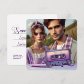 Retro Violet Vibes Cassettebandje, vierkant Save The Date (Voorkant / Achterkant)